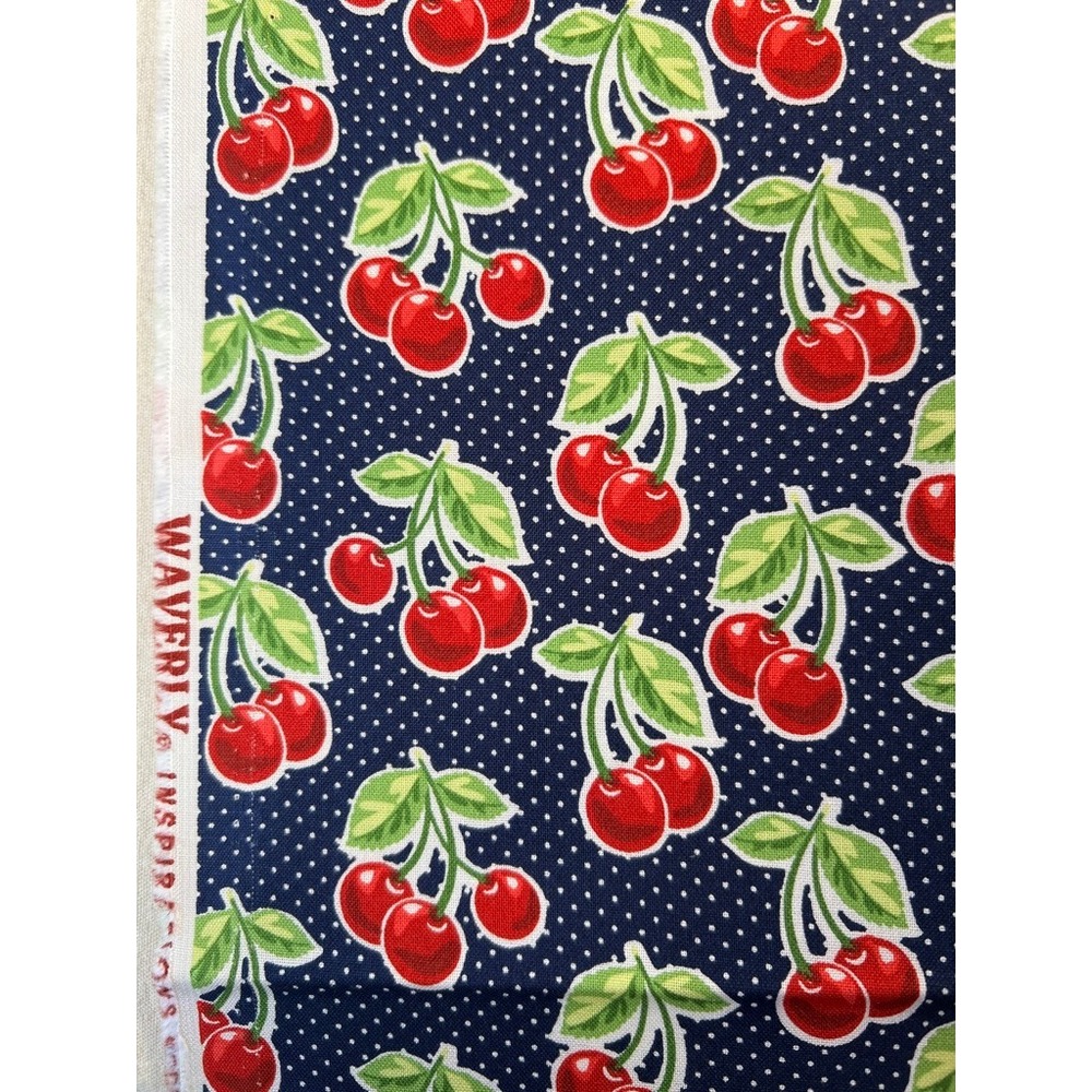 Fabric OOP Waverly Inspirations Retro Cherries Polka Dot Navy Cotton 36" X 44" W